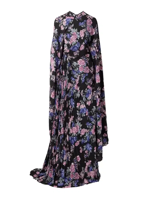 Cape-effect Floral-print Plissé-crepe Gown