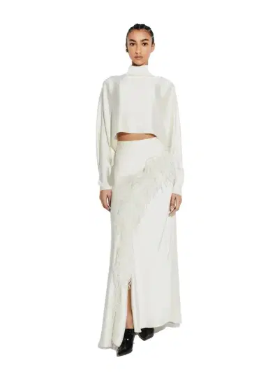 Lapointe Satin Asymmetric Skirt With Feathers | Thumbnail 1 Lapointe Satin Asymmetric Skirt With Feathers | Thumbnail 1