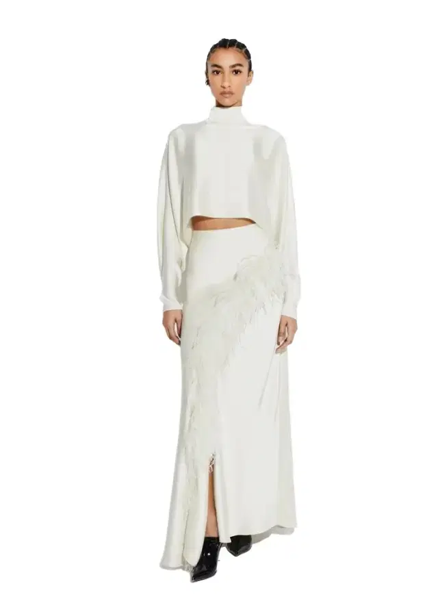 Satin Asymmetric Skirt With Feathers