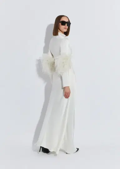 Lapointe Satin Bias Feather Tab Gown With Slit | Thumbnail 2 Lapointe Satin Bias Feather Tab Gown With Slit | Thumbnail 2