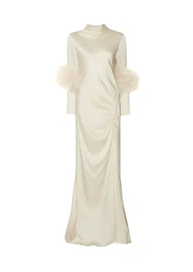 Lapointe Satin Bias Feather Tab Gown With Slit | Thumbnail 3 Lapointe Satin Bias Feather Tab Gown With Slit | Thumbnail 3