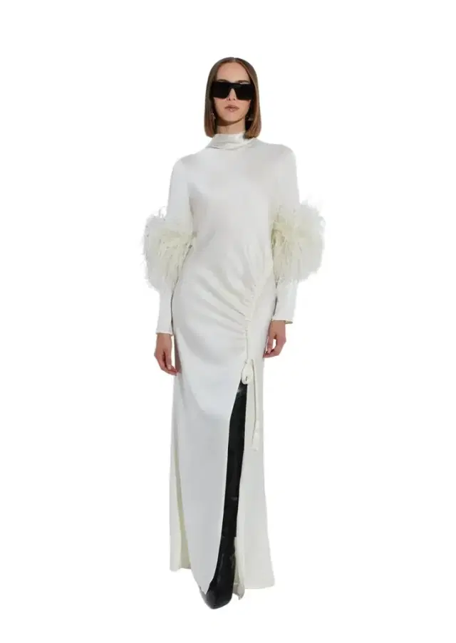 LAPOINTE Satin Bias Feather Tab Gown With Slit