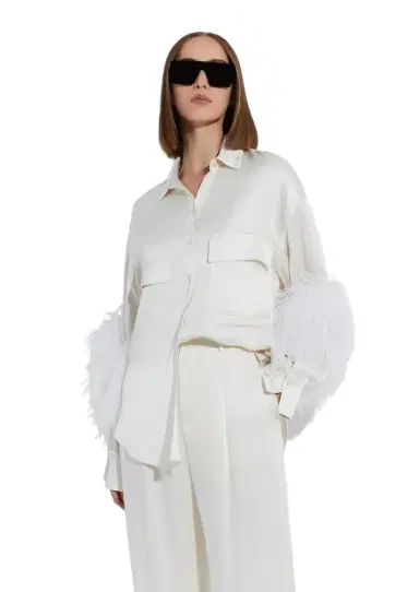 Lapointe Satin Button Down With Feathers | Thumbnail 1