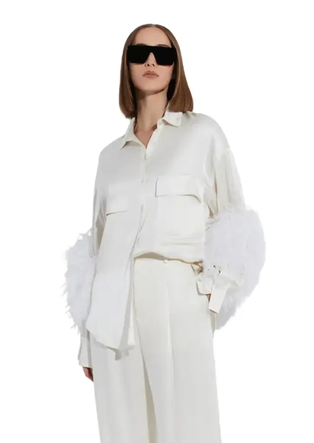 LAPOINTE Satin Button Down With Feathers