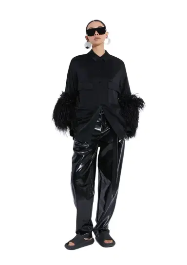 Lapointe Satin Button Down With Feathers | Thumbnail 1