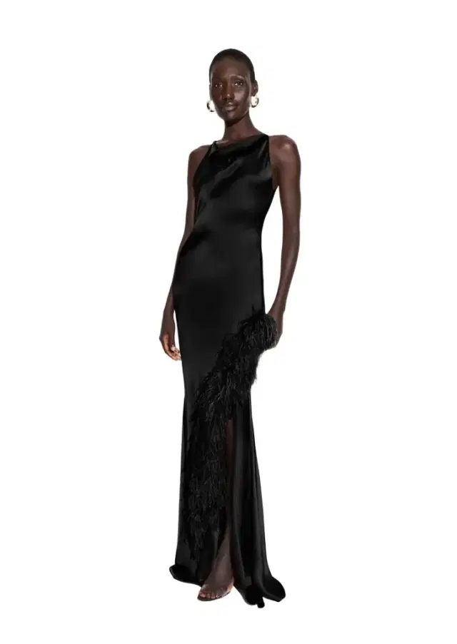 Satin Halter Gown With Feathers