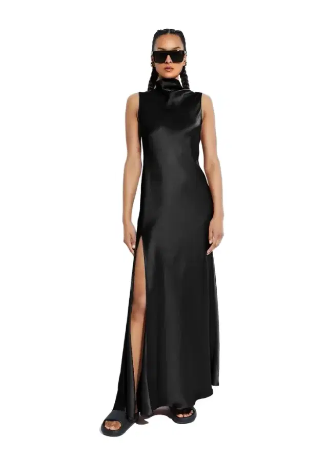 LAPOINTE Satin Drape Neck Sleeveless Dress