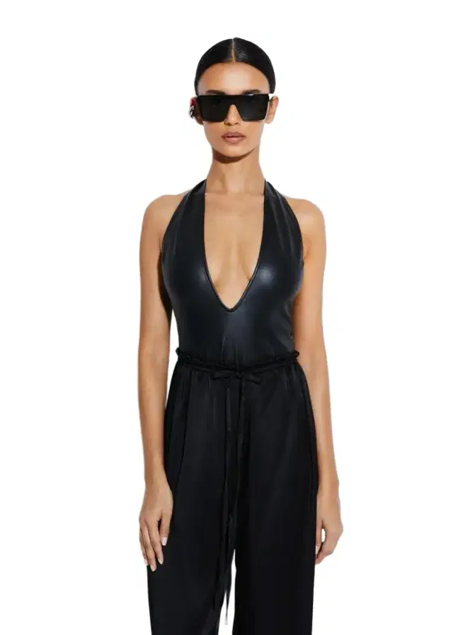 LAPOINTE Stretch Faux Leather Plunge Neck Bodysuit
