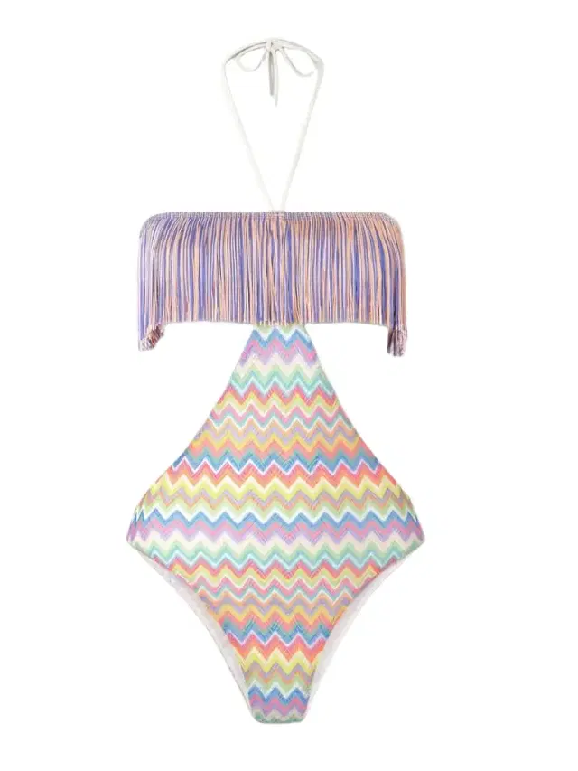 Fringed Striped Crochet-knit Swimsuit