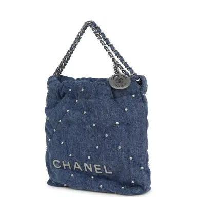 Chanel Chanel Mini 22 Bag Blue Studded Denim Silver Hardware | Thumbnail 3