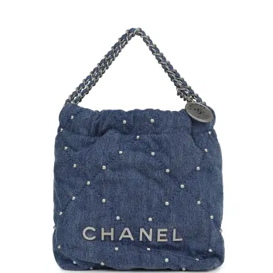 Chanel Chanel Mini 22 Bag Blue Studded Denim Silver Hardware | Thumbnail 1