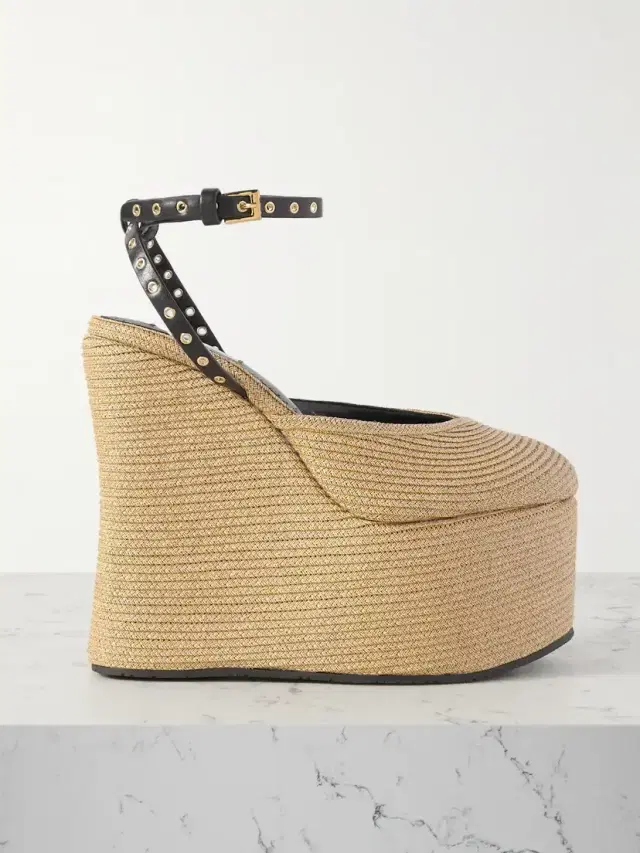 La Wedge 140 Leather-trimmed Raffia Platform Pumps