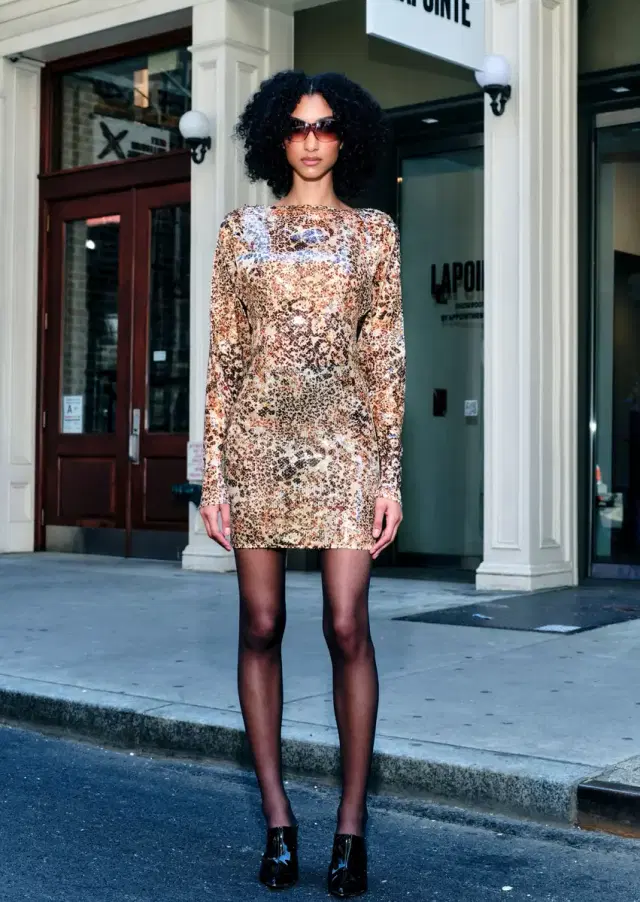 LAPOINTE Leopard Sequin Boatneck Mini Dress