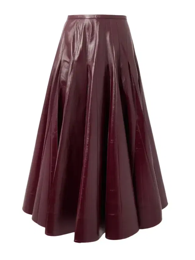 Pleated Glossed-leather Midi Skirt