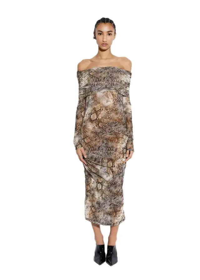 LAPOINTE Snake Mesh Off The Shoulder Dress
