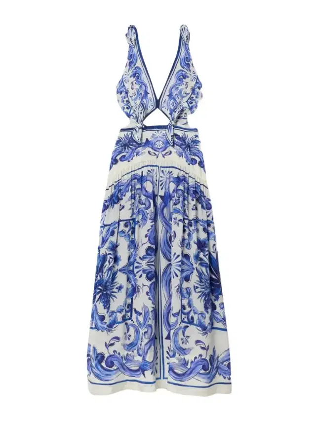 Garden Tiles Cutout Gathered Printed Satin Midi Dress - x large