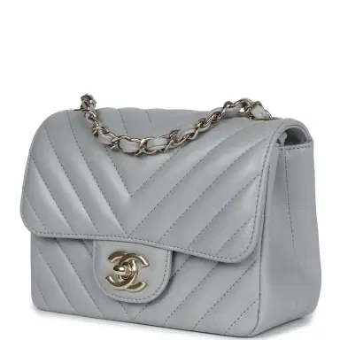 Chanel Chanel Mini Chevron Square Flap Bag Light Grey Lambskin Light Gold Hardware | Thumbnail 3