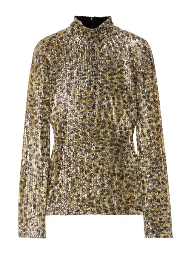 Romy Sequin-embellished Leopard-print Mesh Turleneck Top