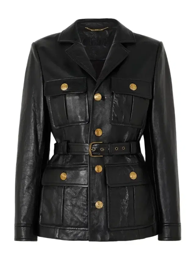 Belted Glossed Textured-leather Jacket - FR 34