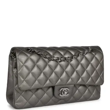 Chanel Pre-owned Chanel Medium Classic Double Flap Bag Metallic Grey Lambskin Silver Hardware | Thumbnail 2 Chanel Pre-owned Chanel Medium Classic Double Flap Bag Metallic Grey Lambskin Silver Hardware | Thumbnail 2