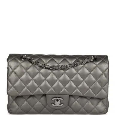 Chanel Pre-owned Chanel Medium Classic Double Flap Bag Metallic Grey Lambskin Silver Hardware | Thumbnail 1 Chanel Pre-owned Chanel Medium Classic Double Flap Bag Metallic Grey Lambskin Silver Hardware | Thumbnail 1
