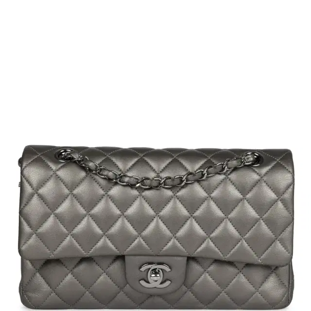 Chanel Pre-owned Chanel Medium Classic Double Flap Bag Metallic Grey Lambskin Silver Hardware