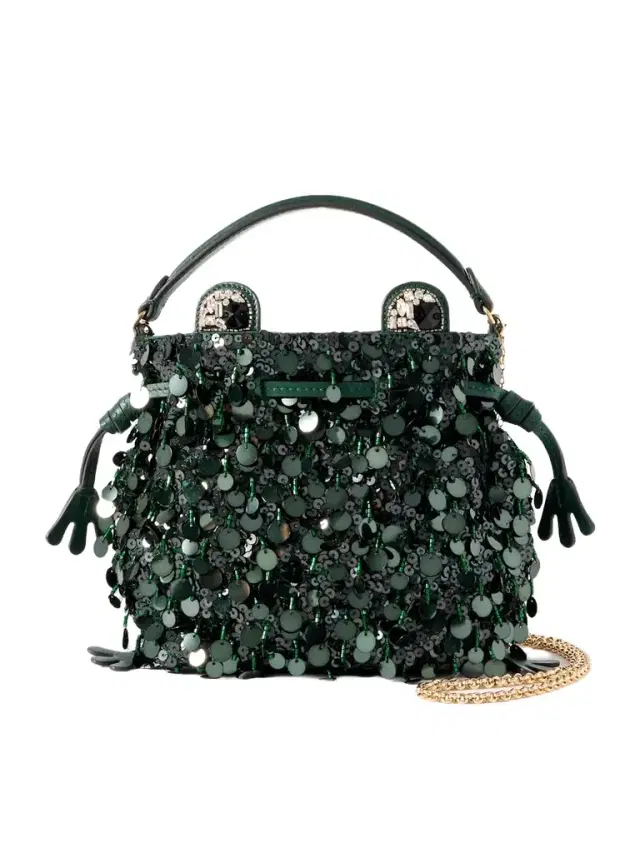 Frog Leather-trimmed Embellished Satin Bag