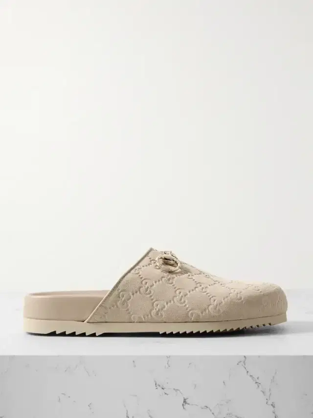 Sol Horsebit-detailed Debossed Leather-trimmed Suede Slippers