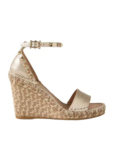 Valentino Garavani Rockstud 105 Metallic Textured-leather Espadrille Wedge Sandals | Thumbnail 1