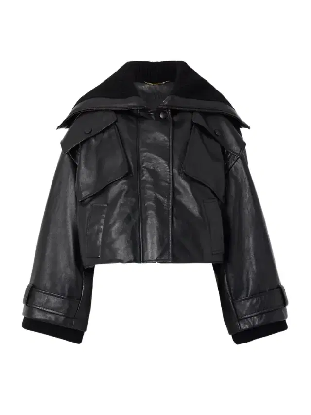Ribbed Knit-trimmed Leather Bomber Jacket