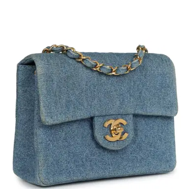Chanel Vintage Chanel Mini Square Flap Bag Blue Denim Gold Hardware | Thumbnail 2