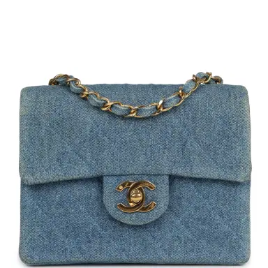 Chanel Vintage Chanel Mini Square Flap Bag Blue Denim Gold Hardware | Thumbnail 1