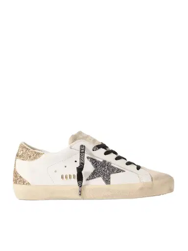 Golden Goose Super-star Distressed Suede-trimmed Glittered Leather Sneakers | Thumbnail 1 Golden Goose Super-star Distressed Suede-trimmed Glittered Leather Sneakers | Thumbnail 1
