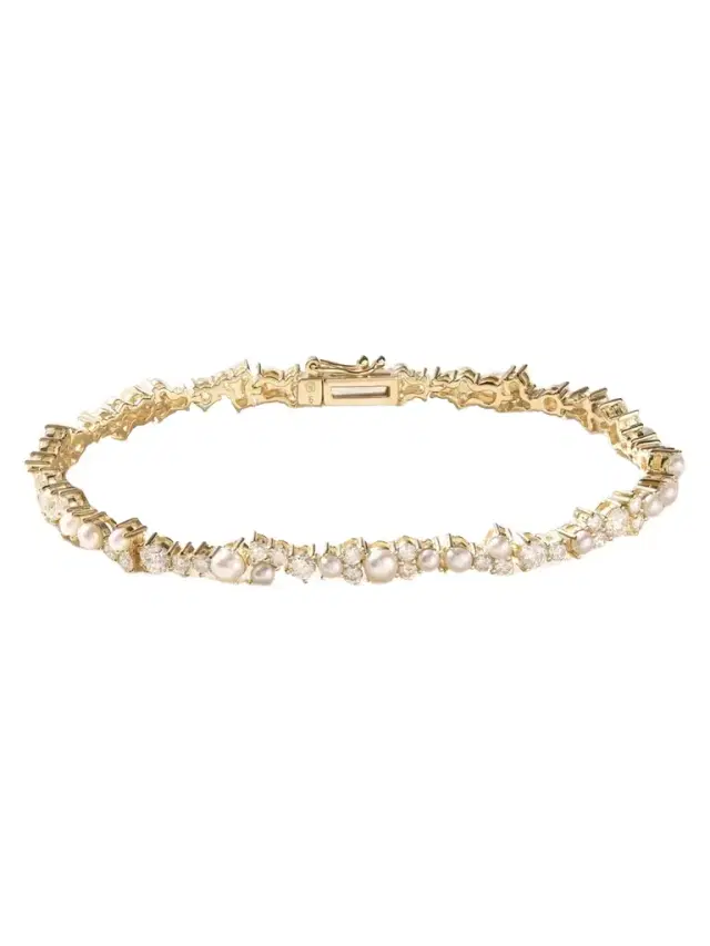 Cocktail 14-karat Gold, Diamond And Pearl Tennis Bracelet