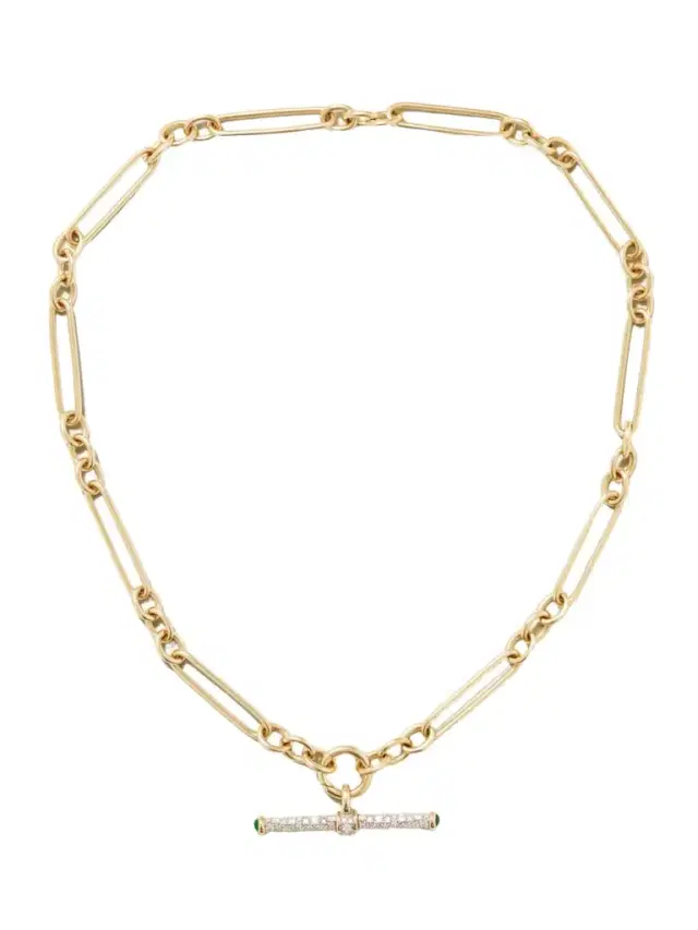 Trombone T-bar Rhodium-plated 14-karat Recycled Gold, Diamond And Emerald Necklace