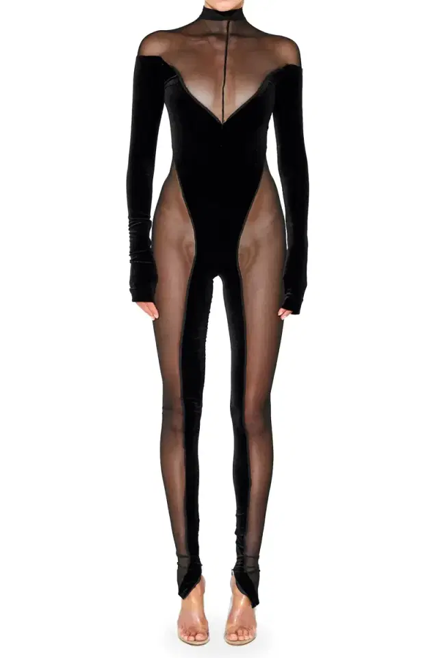 Off the Shoulder Sheer and Velvet Catsuit