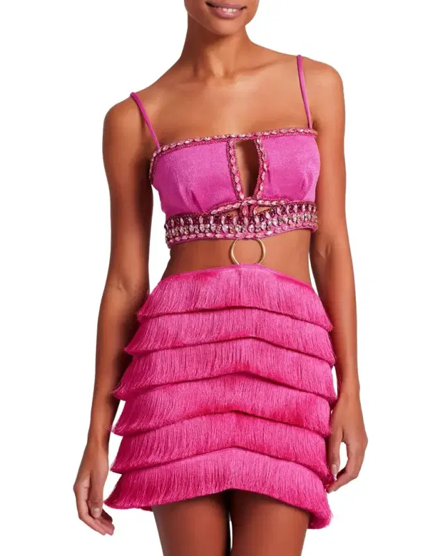 Hand-Beaded Fringe Mini Dress