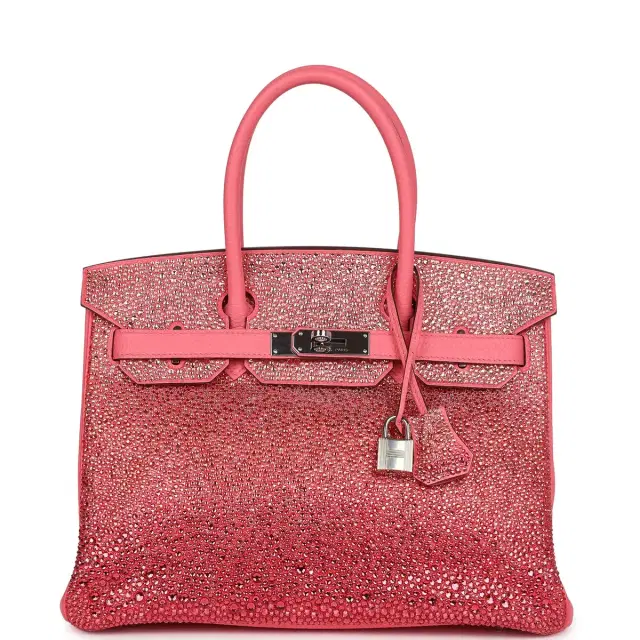 Custom Hermes Birkin 30 Ombre Swarovski Crystal Rose Azalee Clemence Palladium Hardware