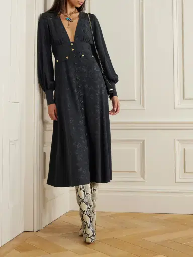 MAISON MAYLE Nerina Gathered Guipure Lace-trimmed Silk-jacquard Midi Dress | Thumbnail 2 MAISON MAYLE Nerina Gathered Guipure Lace-trimmed Silk-jacquard Midi Dress | Thumbnail 2