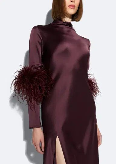 Lapointe Satin Draped Neck Bias Dress With Feathers | Thumbnail 3