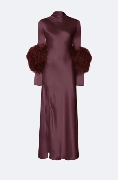 Lapointe Satin Draped Neck Bias Dress With Feathers | Thumbnail 4
