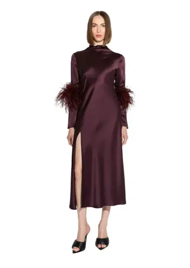Lapointe Satin Draped Neck Bias Dress With Feathers | Thumbnail 1