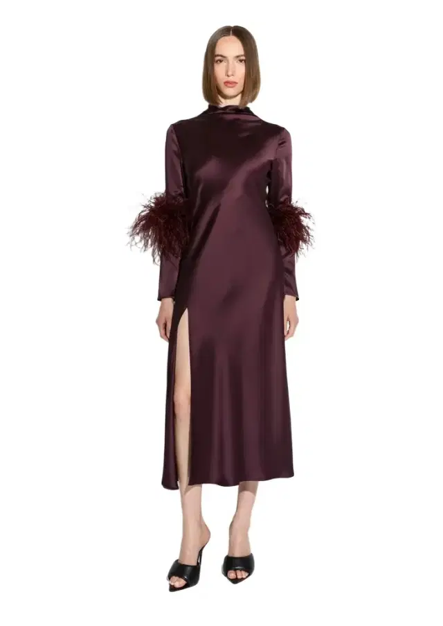 LAPOINTE Satin Draped Neck Bias Dress With Feathers