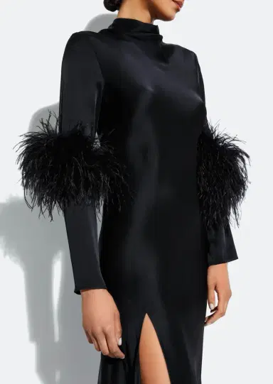 Lapointe Satin Draped Neck Bias Dress With Feathers | Thumbnail 3 Lapointe Satin Draped Neck Bias Dress With Feathers | Thumbnail 3