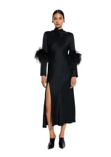 Lapointe Satin Draped Neck Bias Dress With Feathers | Thumbnail 1 Lapointe Satin Draped Neck Bias Dress With Feathers | Thumbnail 1