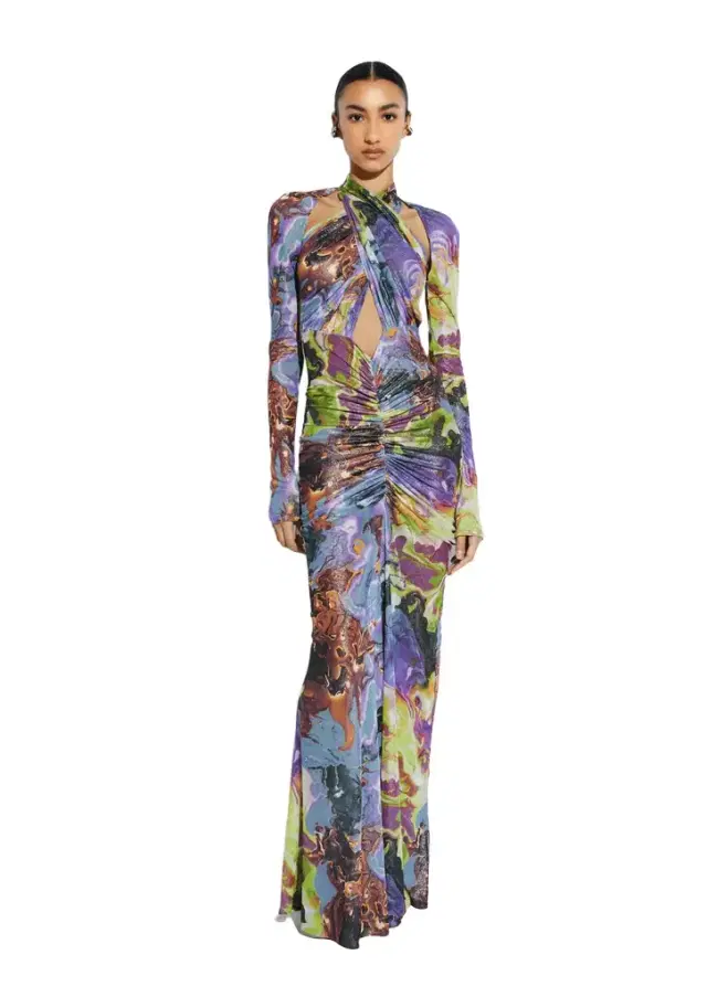 LAPOINTE Printed Mesh Halter Ruched Gown