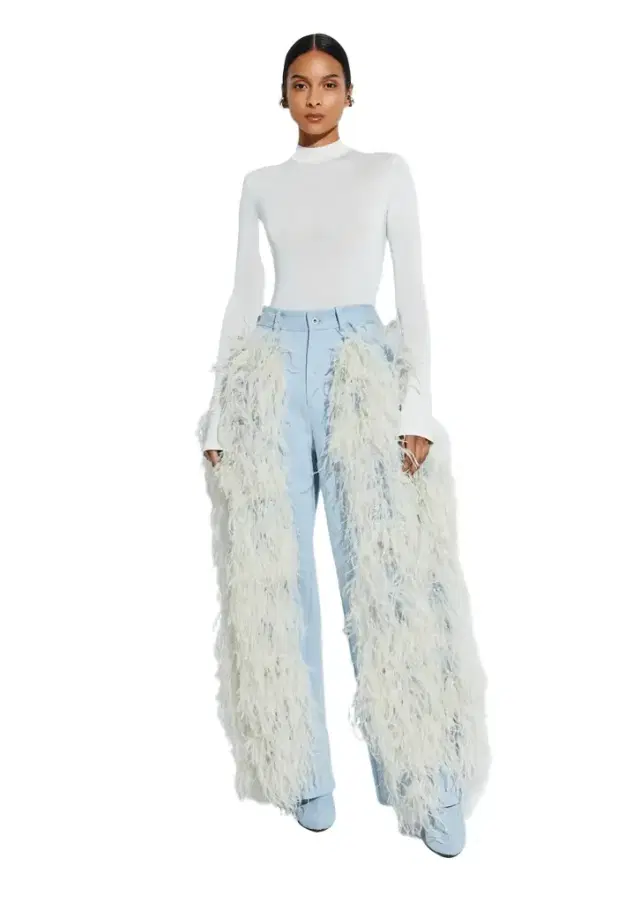 LAPOINTE Washed Denim Straight Leg Pant With Feathers