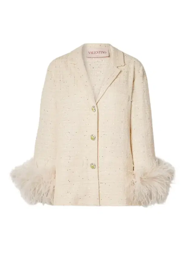 Feather-trimmed Embellished Cotton-blend Bouclé-tweed Blazer