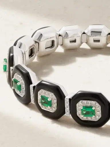 Nikos Koulis Oui 18-karat White Gold, Emerald, Diamond And Enamel Bangle | Thumbnail 4
