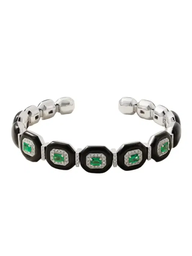 Nikos Koulis Oui 18-karat White Gold, Emerald, Diamond And Enamel Bangle